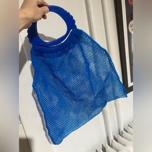 Vintage 70s Blue Mesh Net Tote Bag with plastic handles made in Spain